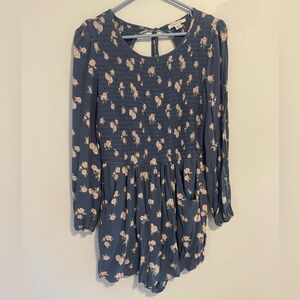 American Eagle Long Sleeve Romper Medium Pink Blue Flower